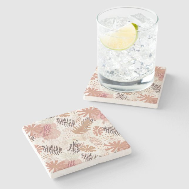 Neutral Boho Tropical Foliage Stone Coaster (Side)