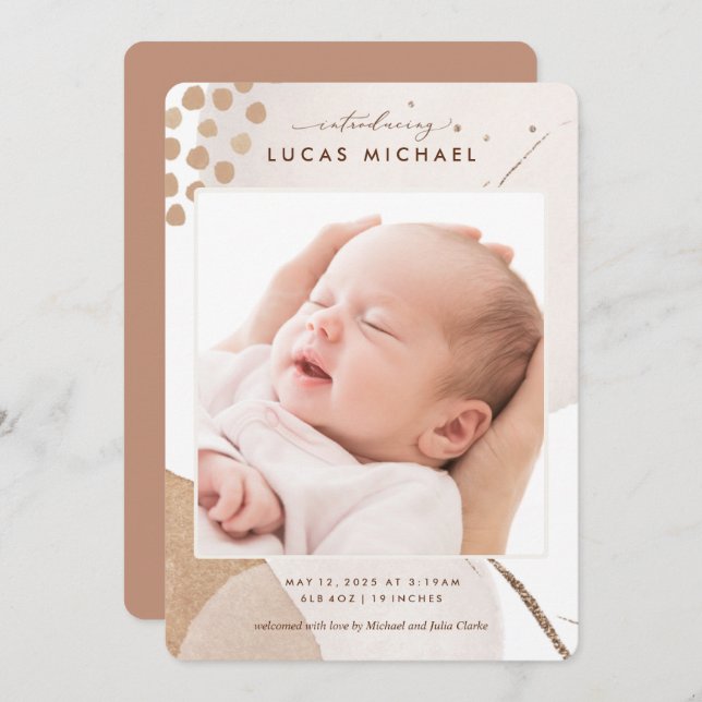 Neutral Boho Watercolor Photo Birth Announcement (Front/Back)