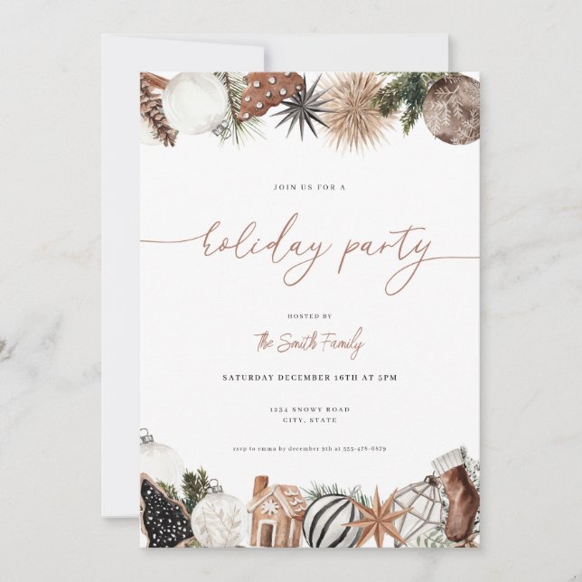 Neutral Boho Winter Holiday Party Invitation (Front)