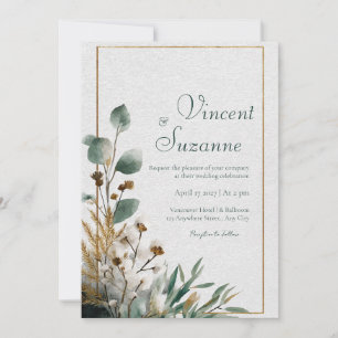 Neutral Botanical Cotton & Leaf Wedding Invitation