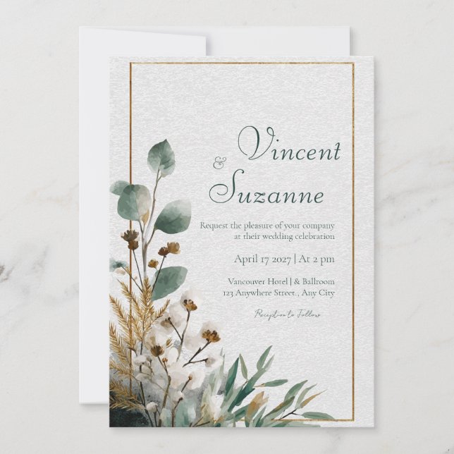 Neutral Botanical Cotton & Leaf Wedding Invitation (Front)