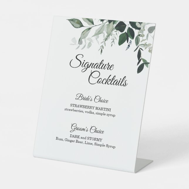 Neutral Botanical Wedding Cocktail Menu Pedestal Sign (Front)