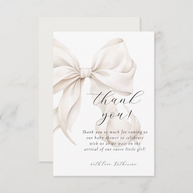 Neutral Bow White Baby Shower Thank You Card (Front/Back)