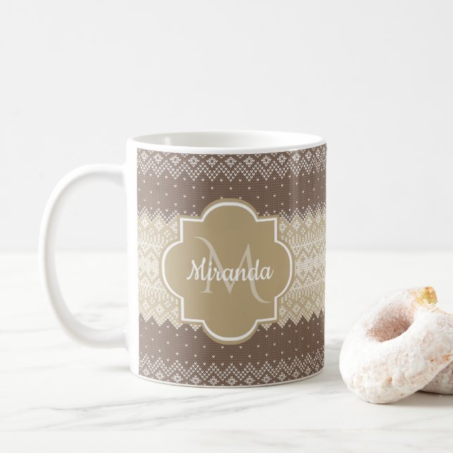 Neutral Brown and Tan Knit Pattern With Name Coffee Mug (With Donut)