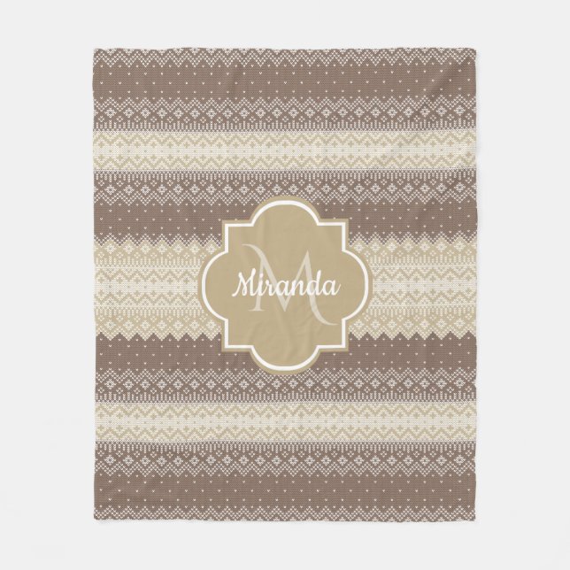 Neutral Brown and Tan Knit Pattern With Name Fleece Blanket (Front)