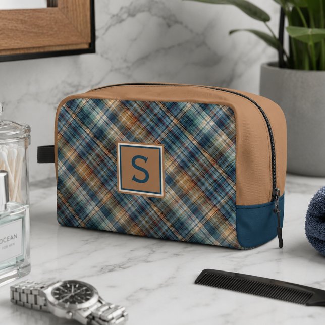 Neutral Brown Beige Teal Blue Plaid Tartan Pattern Dopp Kit (Creator Uploaded)