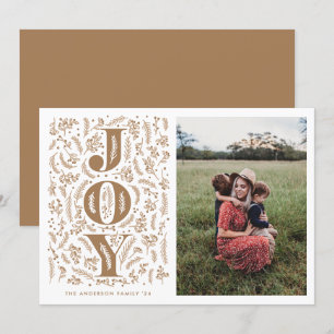 Neutral brown botanical JOY illustration photo Holiday Card