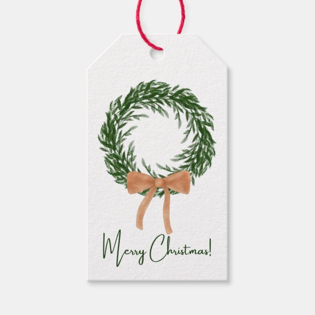 Neutral Brown Bow Wreath Christmas Gift Tag (Front)