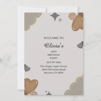 Neutral Brown Heart 16th Birthday Party Invitation