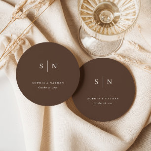 Neutral Brown Minimal and Chic Wedding Round Paper Coaster