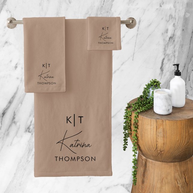 Neutral Brown Modern Signature Script Monogram Bath Towel Set (Creator Uploaded)