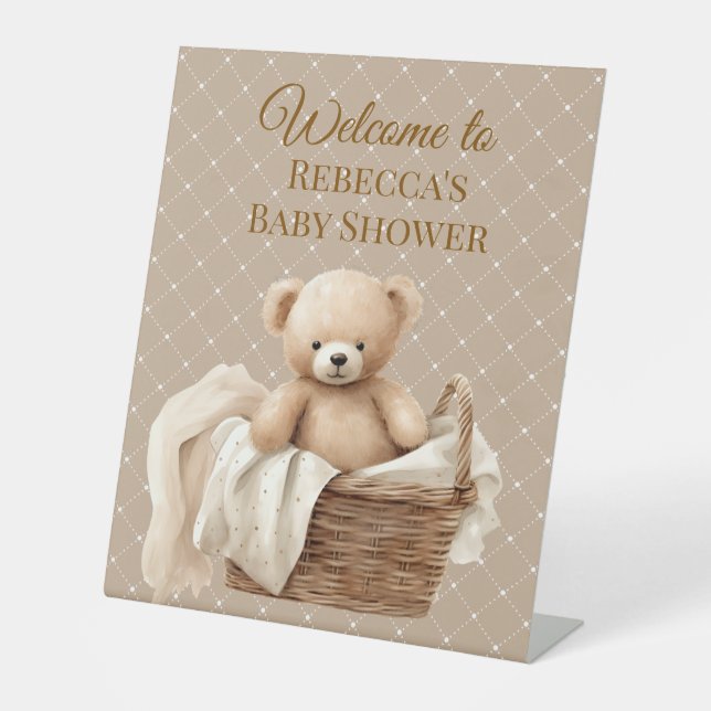 Neutral Brown Teddy Bear Baby Shower  Pedestal Sign (Front)