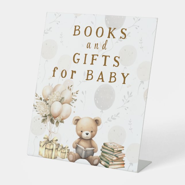 Neutral Brown Teddy - Books and Gifts for Baby Pedestal Sign (Front)