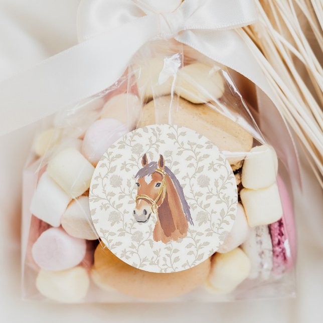Neutral Brown Toile Horse Birthday Classic Round Sticker (Creator Uploaded)