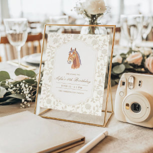 Neutral Brown Toile Horse Birthday Welcome Sign