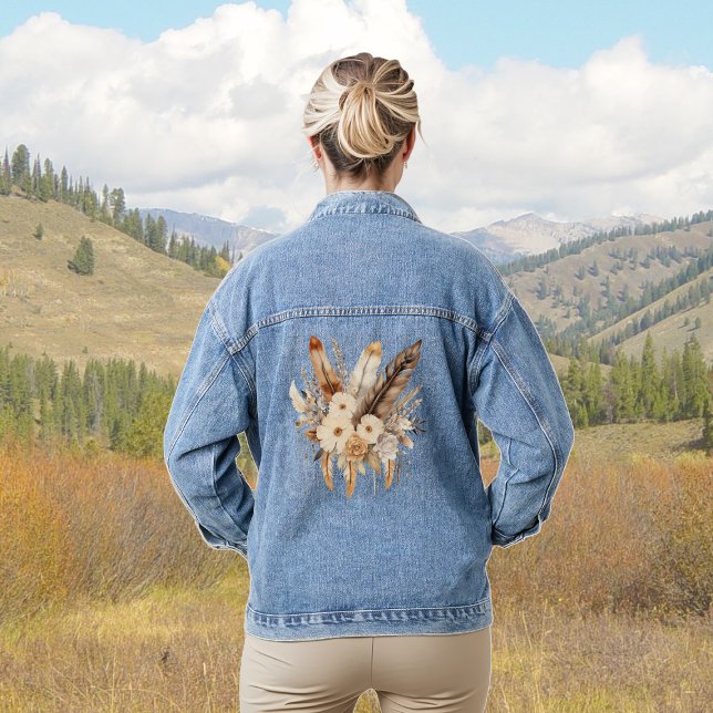 Neutral Browns Boho Feather and Flower Bouquet Denim Jacket (Creator Uploaded)