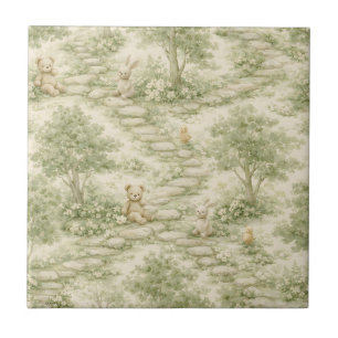 Neutral Bunny Bear Picnic Floral Garden (1) Tile