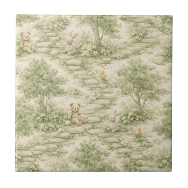 Neutral Bunny Bear Picnic Floral Garden (1) Tile (Front)