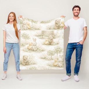 Neutral Bunny Bear Picnic Floral Garden (2) Fleece Blanket