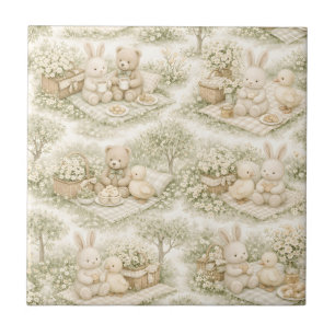 Neutral Bunny Bear Picnic Floral Garden (3) Tile