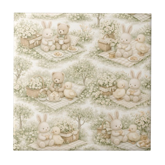 Neutral Bunny Bear Picnic Floral Garden (3) Tile (Front)