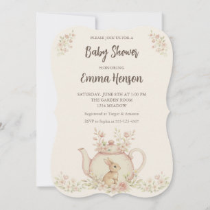 Neutral Bunny & Floral Teapot Baby Shower  Invitation