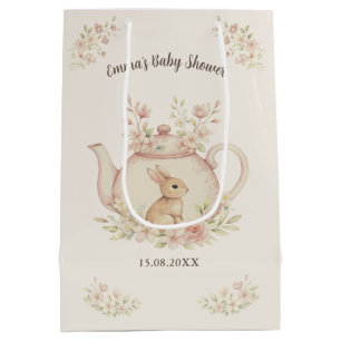 Neutral Bunny & Floral Teapot Baby Shower  Medium Gift Bag