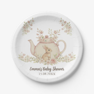 Neutral Bunny & Floral Teapot Baby Shower  Paper Plate