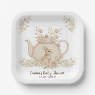 Neutral Bunny & Floral Teapot Baby Shower  Paper Plate
