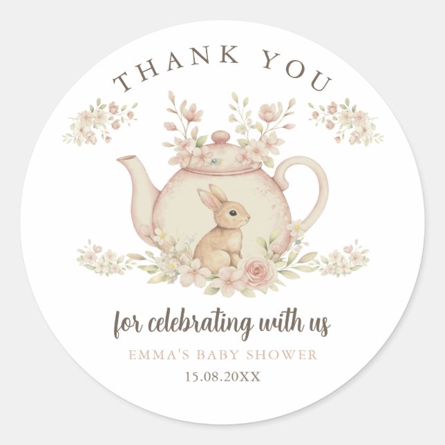 Neutral Bunny Tea Party Baby Shower Thank You  Classic Round Sticker (Front)