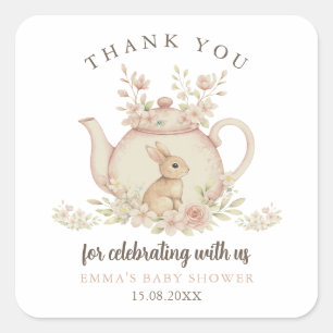 Neutral Bunny Tea Party Baby Shower Thank You  Square Sticker