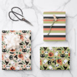 Neutral Cats & Pumpkins Mixed Halloween Patterns Wrapping Paper Sheet<br><div class="desc">A set of wrapping paper sheets for Halloween featuring three cute patterns: one with cats,  pumpkins,  skulls,  bats,  toadstools,  witch hats,  and leaves against a neutral background; the same pattern against an olive green background; and one sheet with matching stripes.</div>