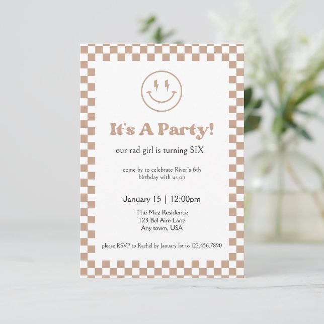 Neutral Chequered Rad Kid Invitation (Standing Front)
