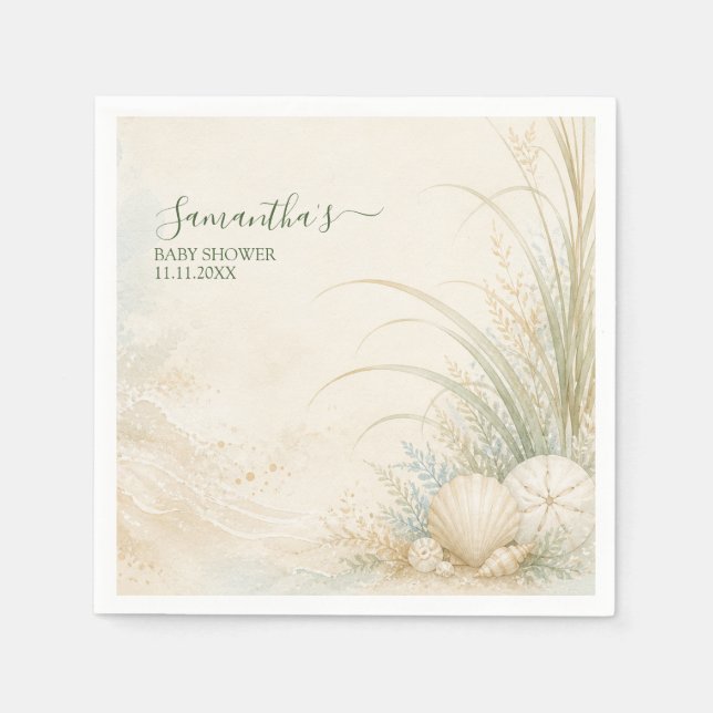 Neutral Coastal Seashell Baby Shower Napkin (Front)