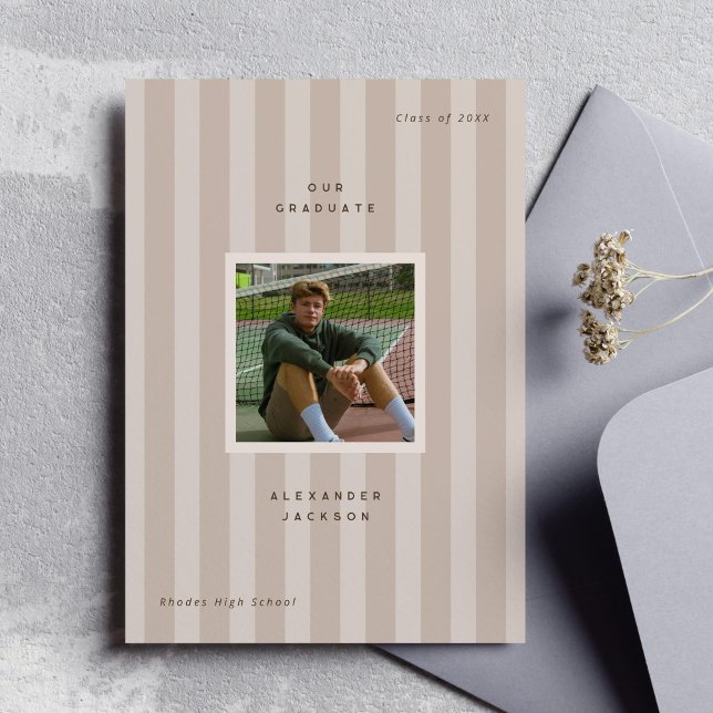 Neutral Color Sporty Stripes Graduation Photo  Announcement (neutral sporty stripes modern graduation photo announcement card)