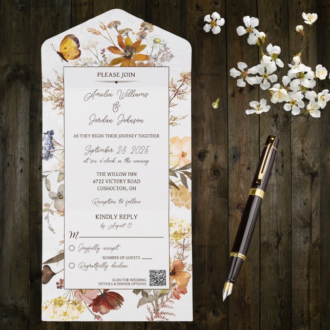 Neutral Colour Wildflowers on White with QR Code  All In One Invitation (Creator Uploaded)