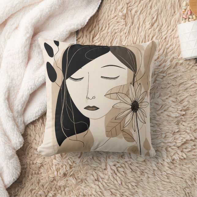 Neutral Colour Woman with Flower Boho Cushion (Blanket)