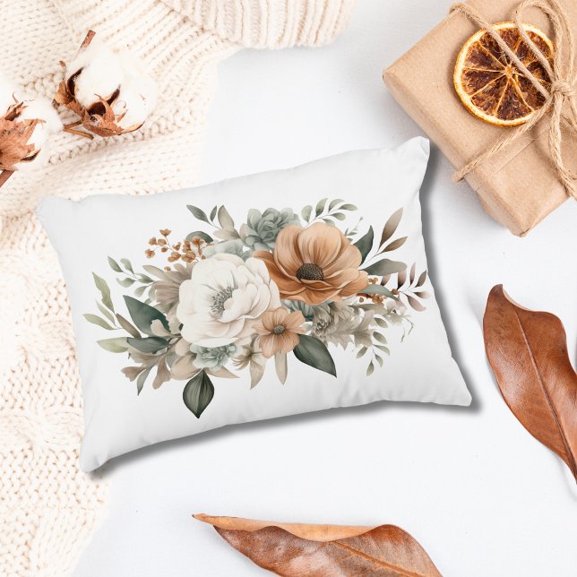 Neutral Colours White Beige Blue Greenery Floral  Decorative Cushion (Neutral Colors Watercolor Floral Flowers Beige Cream Brown Blue Greenery Accent Pillow)