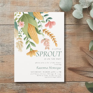 Neutral Corn Flowers A Little Sprout Baby Shower Invitation