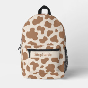 Neutral Cow Print Western Earthy Beige Brown Name Printed Backpack