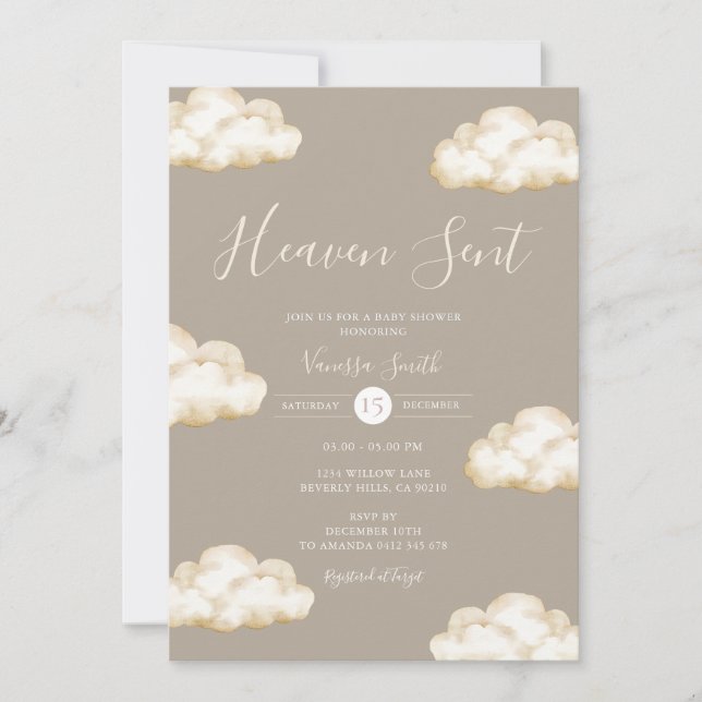 Neutral Cream Cloud Heaven Sent Baby Shower Party Invitation (Front)