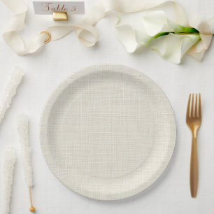 Neutral Cream Faux Linen Fabric Elegant  Paper Plate