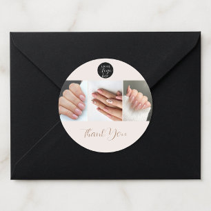 Neutral Cream Tan Logo Photo Nail Salon Thank You Classic Round Sticker