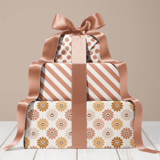 Neutral Daisy Floral Stripes Polka Dot Wrapping Paper Sheet (Creator Uploaded)