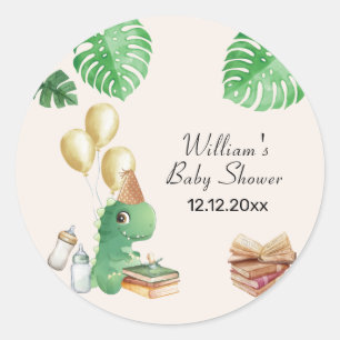 Neutral Dinosaur Storybook Balloon Baby Shower Classic Round Sticker