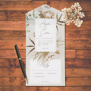 Neutral Dried Boho Floral Frame Cream Wedding All In One Invitation