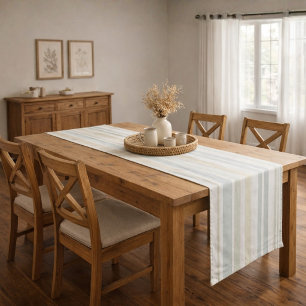 Neutral Dusty Blue Striped Rustic Farmhouse Long Table Runner