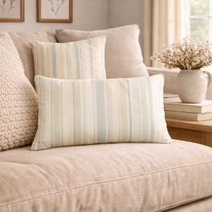 Neutral Dusty Blue Striped   Rustic Farmhouse Lumbar Cushion