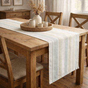 Neutral Dusty Blue Striped Rustic Farmhouse Medium Table Runner