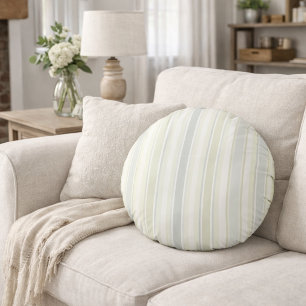 Neutral Dusty Blue Striped   Rustic Farmhouse Round Cushion